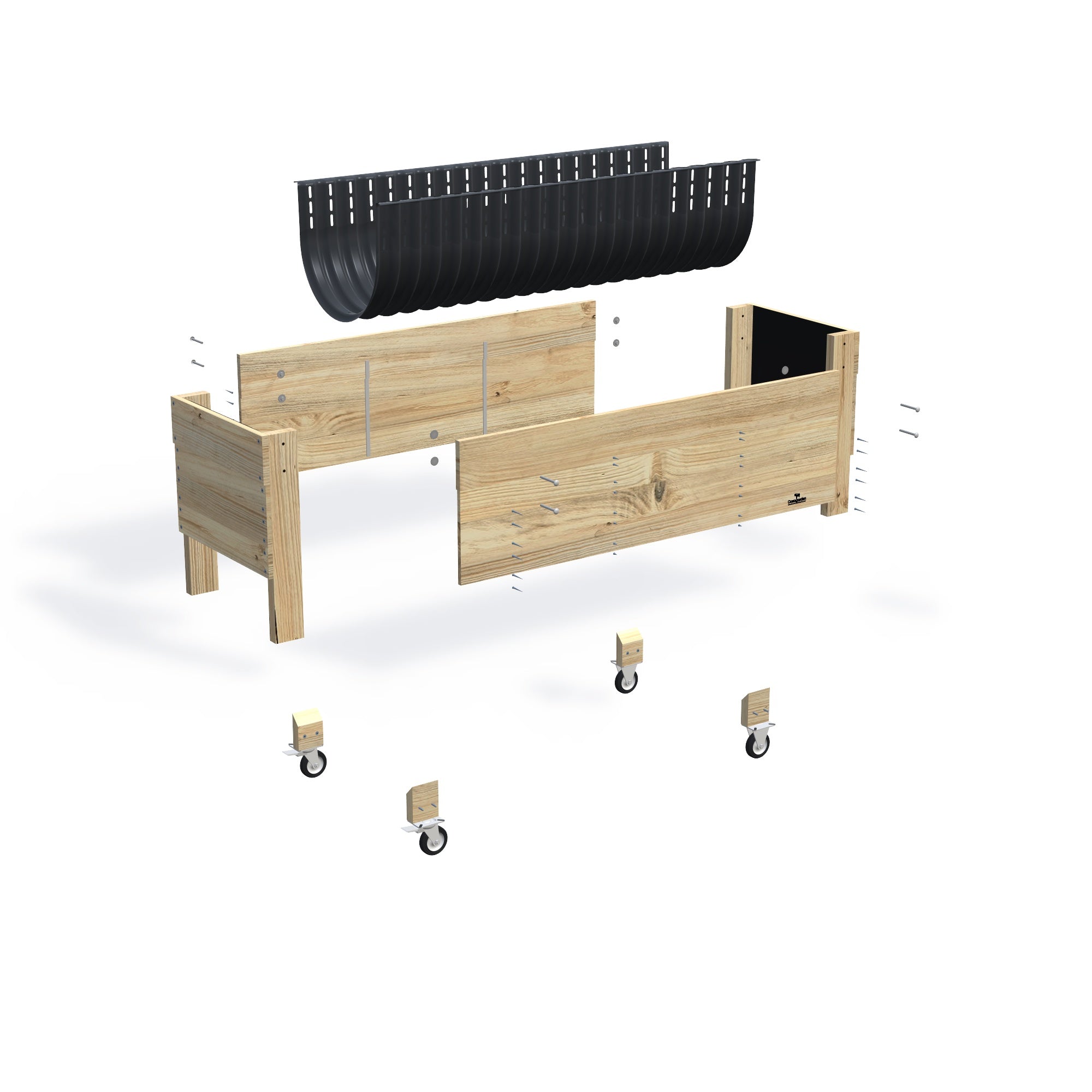 Large Raised Garden Bed with Wheels Kit - 157x60x80cm(h), 41cm — exploded view of the flat-pack timber raised garden bed kit, showing the parts supplied