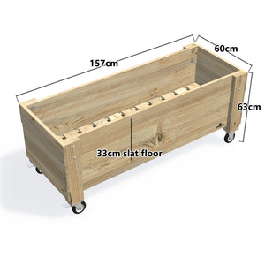 Large Slatted Raised Planter Box on Legs, 60cm high with wheels — timber planter boxe, dimensions labelled