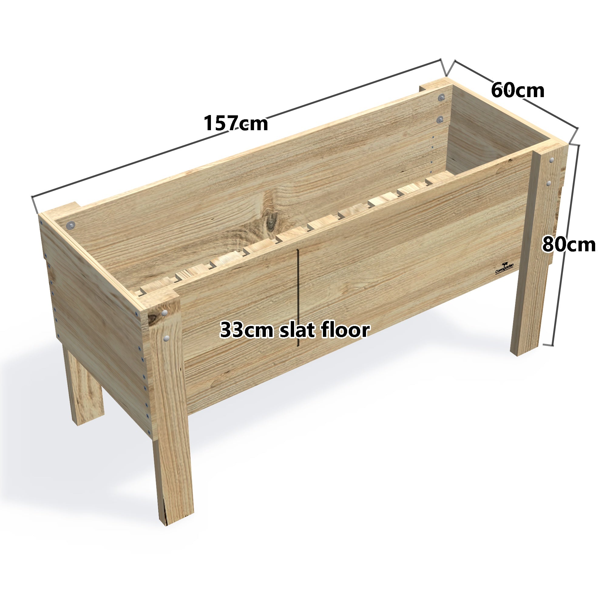 Large Slatted Raised Planter Box on Legs, 80cm  high — timber planter boxe, dimensions labelled