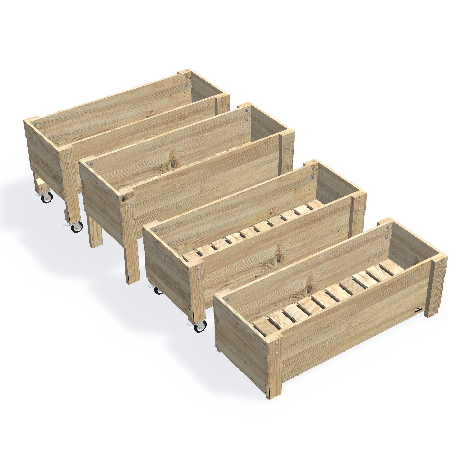 Large Slatted Raised Planter Box on Legs — the full range of timber planter boxes, shown together