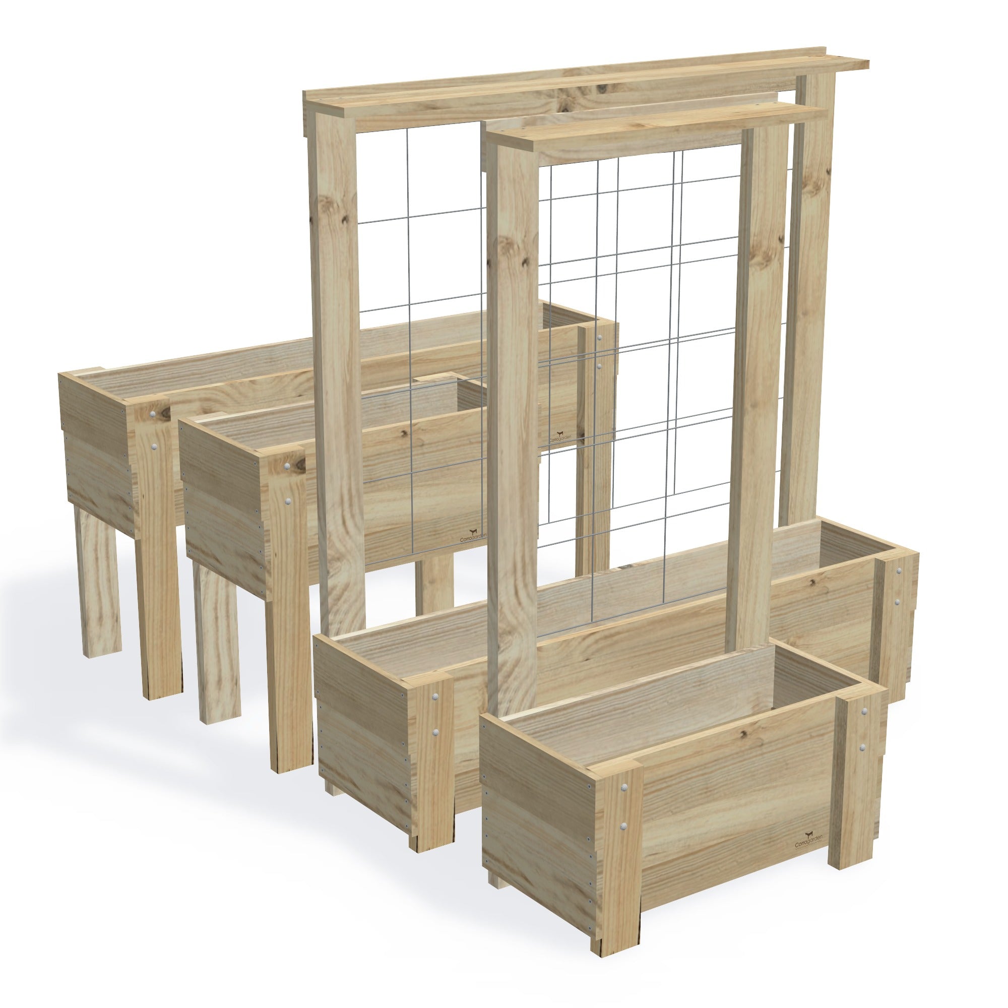 Slimline Planter Box with Trellis — the full range of timber planter boxes, shown together