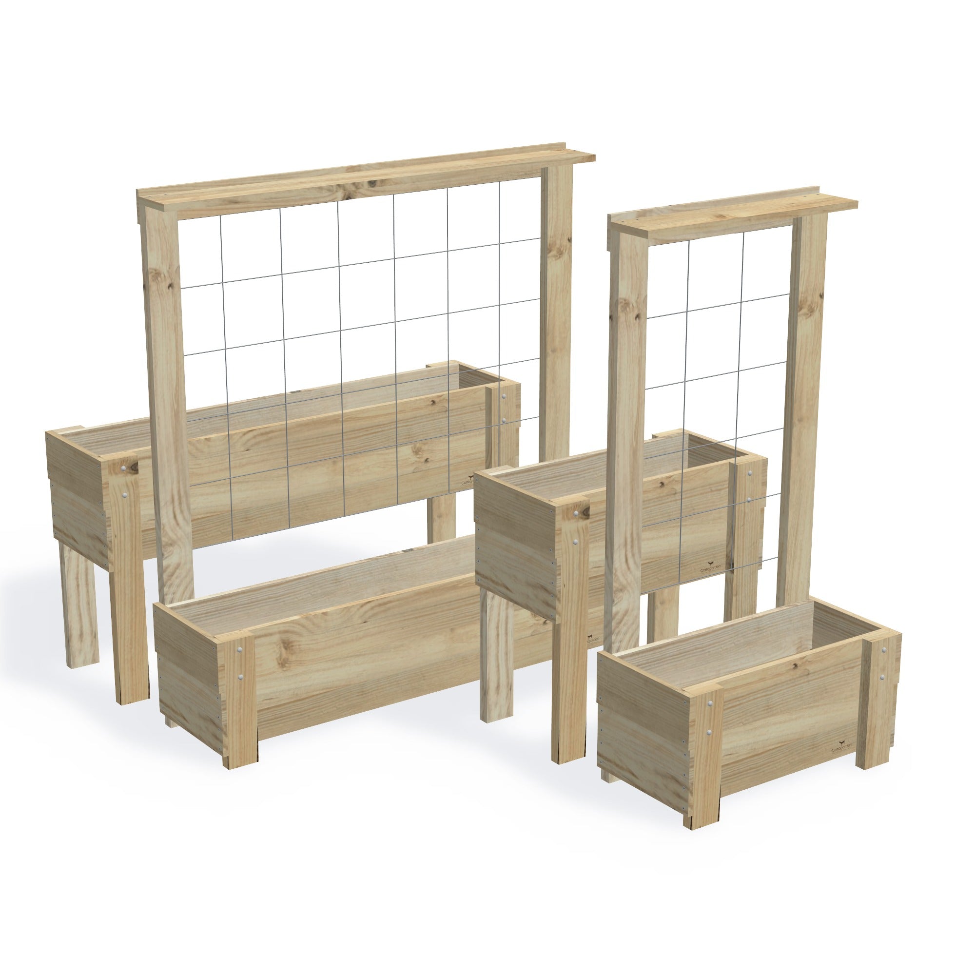 Slimline Planter Box with Trellis — the full range of timber planter boxes, shown together