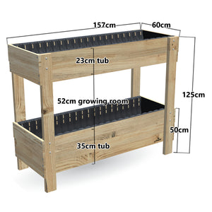 Two-Tier Vertical Garden Bed Kit - space saving timber raised planter, Large 157 x 60cm, 35cm bottom tub, 23cm top tub, 50cm and 125cm planting heights, 52cm growing room - 157 x 60 x 125cm, dimensions labelled