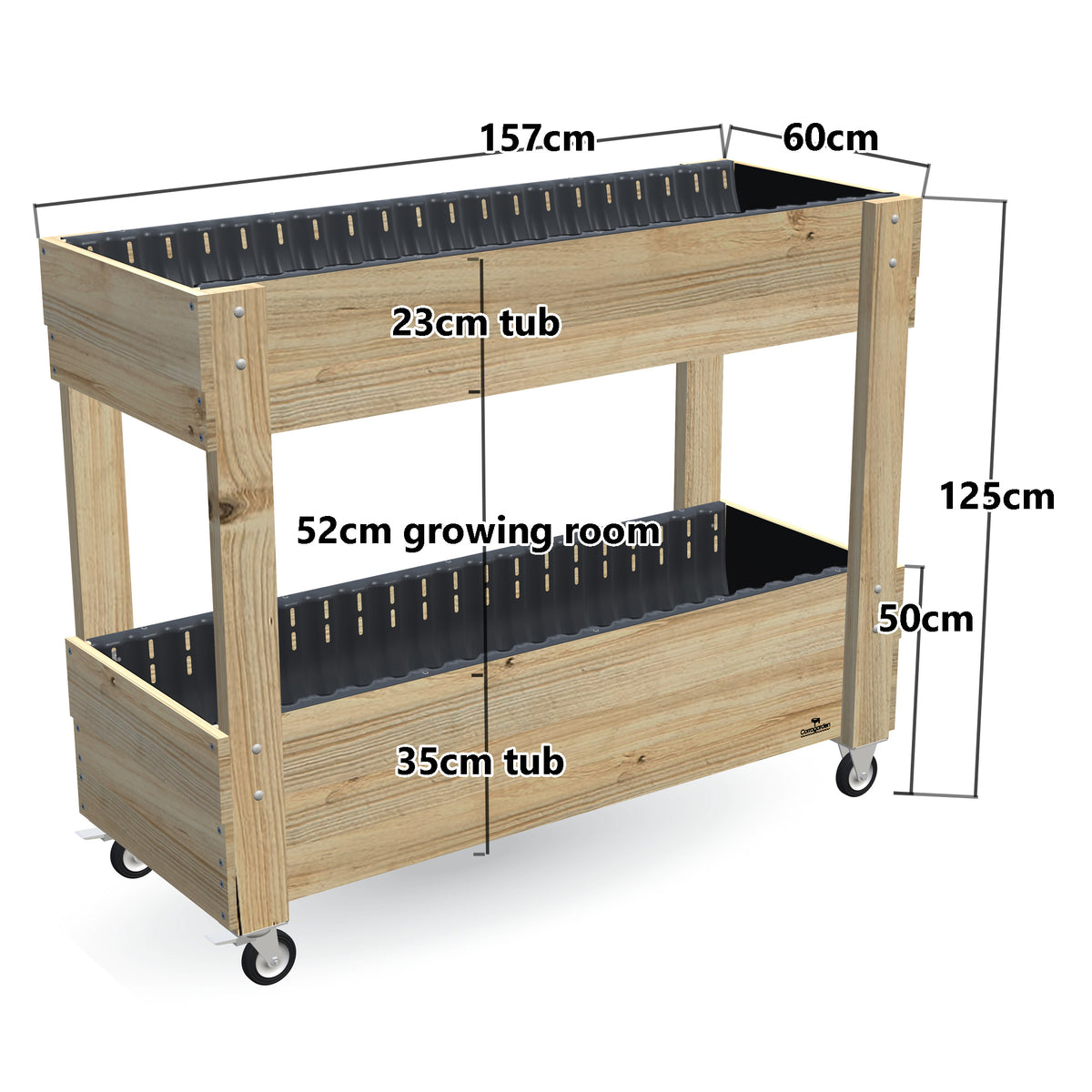 Two-Tier Vertical Garden Bed Kit - Large 157 x 60cm on wheels, 35cm bottom tub, 23cm top tub, 50cm and 125cm planting heights, 52cm growing room - 157 x 60 x 125cm, dimensions labelled