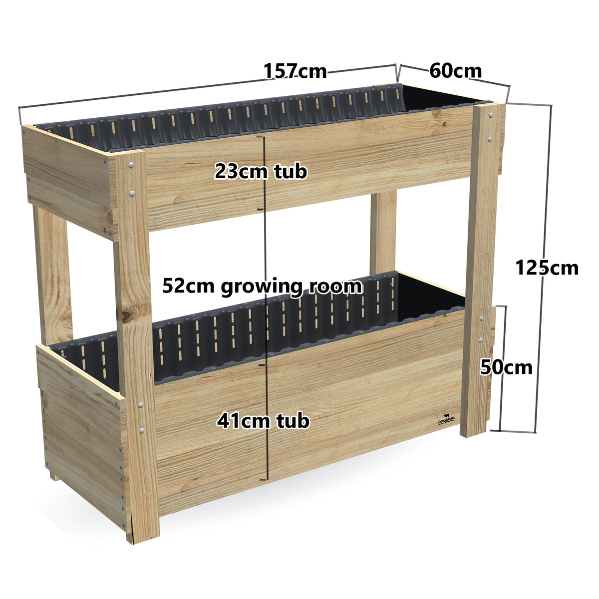 Two-Tier Vertical Garden Bed Kit - Large 157 x 60cm, 41cm bottom tub, 23cm top tub, 50cm and 125cm planting heights, 52cm growing room - 157 x 60 x 125cm, dimensions labelled