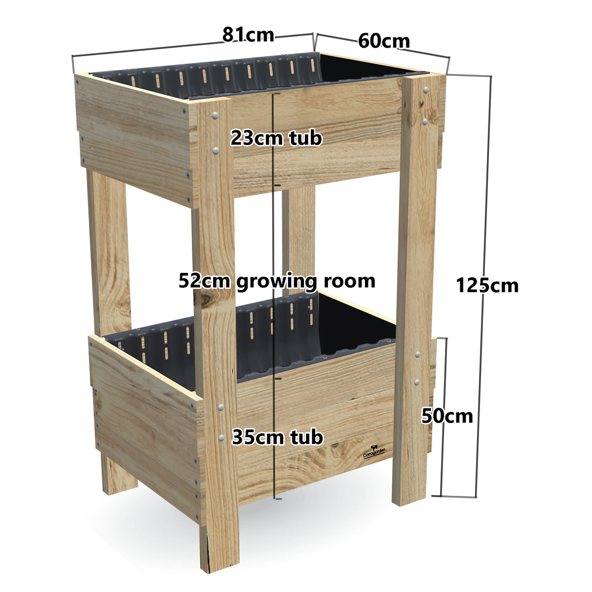 Two-Tier Vertical Garden Bed Kit - Compact 81 x 60cm, 35cm bottom tub, 23cm top tub, 50cm and 125cm planting heights, 52cm growing room - 81 x 60 x 125cm, dimensions labelled