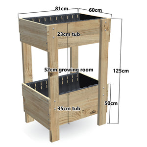 Two-Tier Vertical Garden Bed Kit - Compact 81 x 60cm, 35cm bottom tub, 23cm top tub, 50cm and 125cm planting heights, 52cm growing room - 81 x 60 x 125cm, dimensions labelled