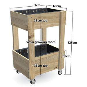 Two-Tier Vertical Garden Bed Kit - Compact 81 x 60cm on wheels, 35cm bottom tub, 23cm top tub, 50cm and 125cm planting heights, 52cm growing room - 81 x 60 x 125cm, dimensions labelled