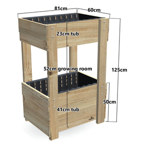 Two-Tier Vertical Garden Bed Kit - Compact 81 x 60cm, 41cm bottom tub, 23cm top tub, 50cm and 125cm planting heights, 52cm growing room - 81 x 60 x 125cm, dimensions labelled