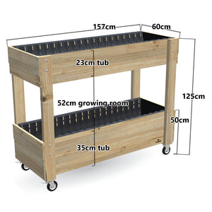 Two-Tier Vertical Garden Bed - Large 157 x 60cm on wheels, 35cm bottom tub, 23cm top tub, 50cm and 125cm planting heights, 52cm growing room - 157 x 60 x 125cm, dimensions labelled