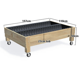 Wide Planter Boxes on Legs - 50cm high, 50cm high 23cm deep with wheels — timber garden bed, dimensions labelled