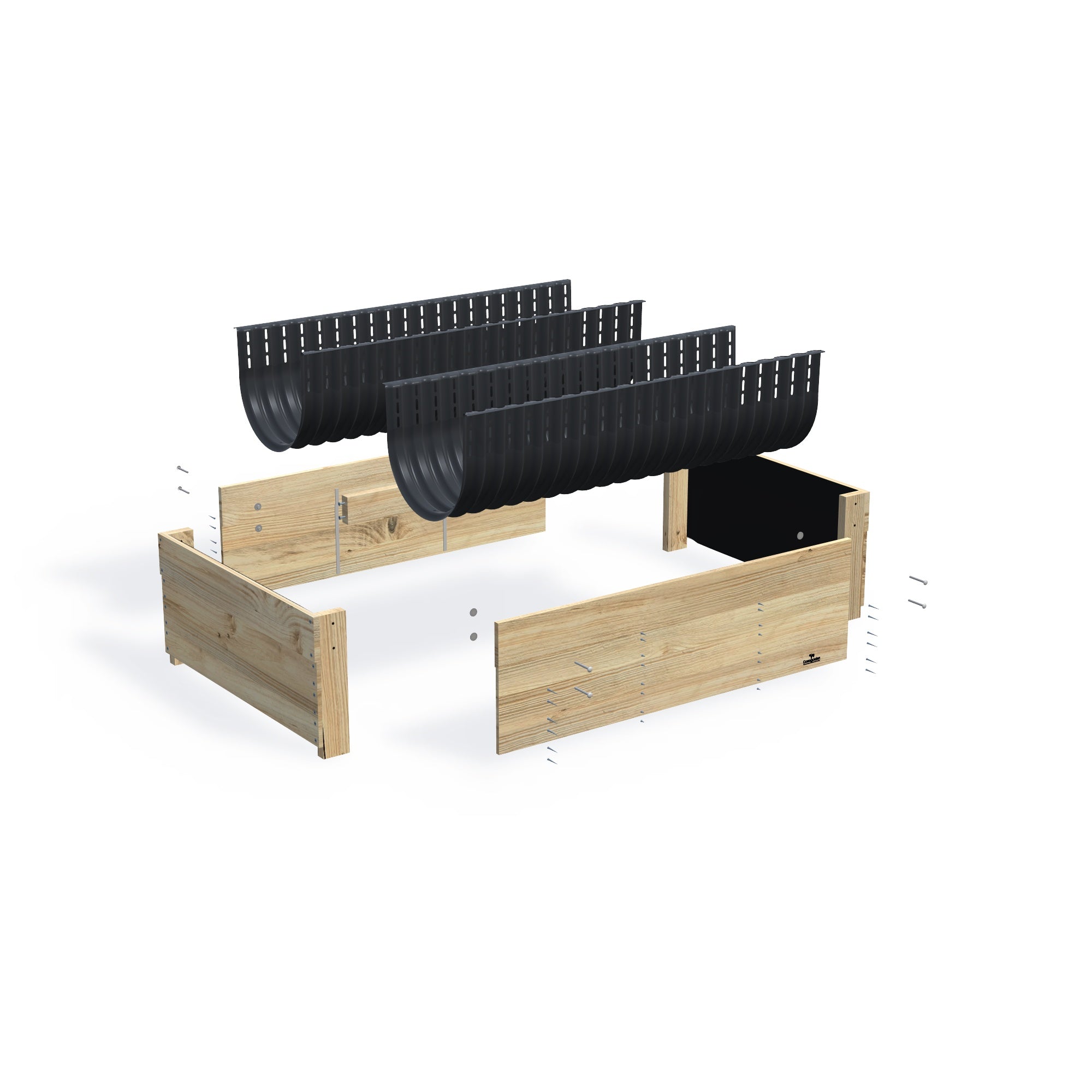Wide Planter Boxes on Legs Kits - 50cm high, 50cm high 41cm deep — exploded view of the flat-pack timber planter box kit, showing the parts supplied