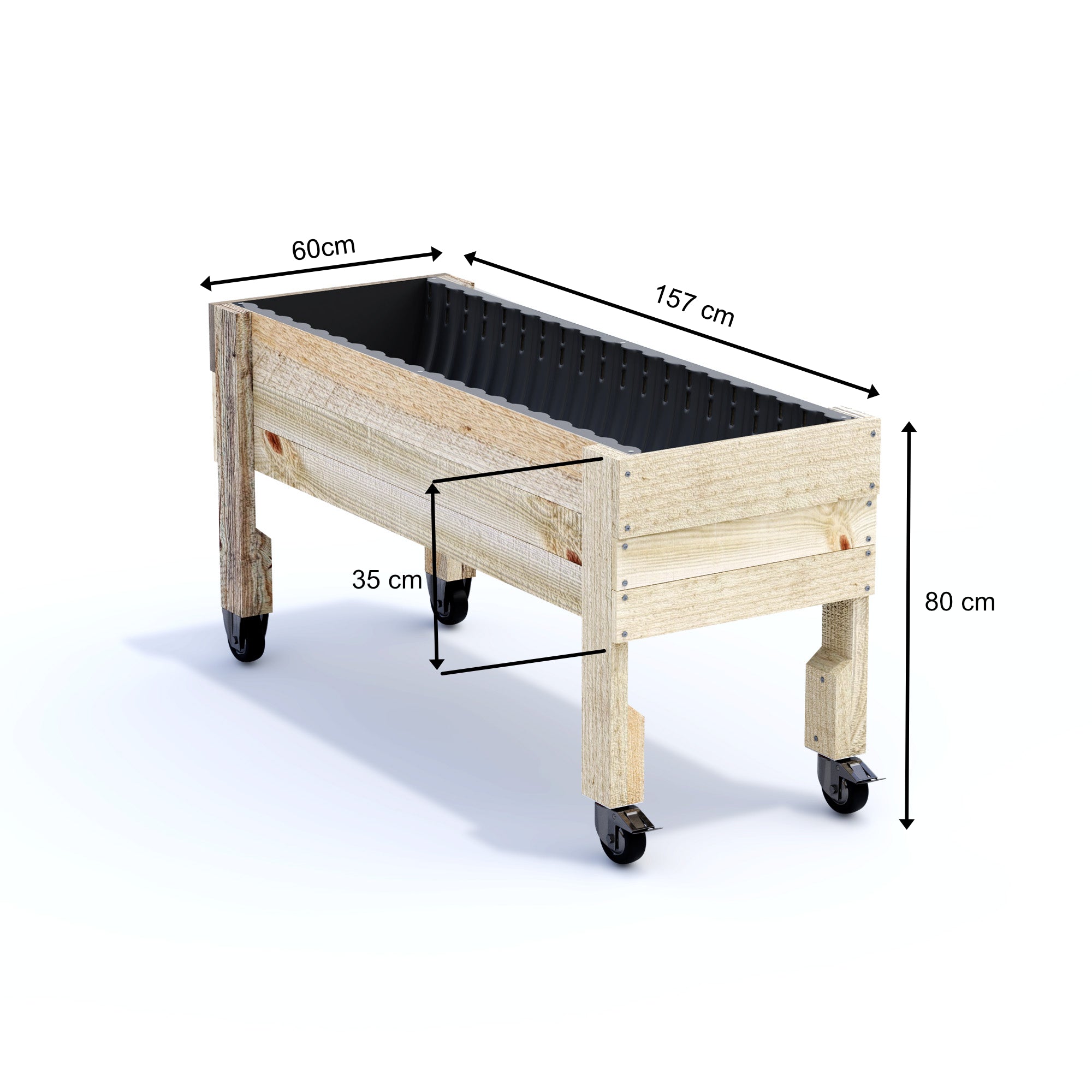 LARGE Raised Garden Bed on Wheels Timber 157x60x80cm(h) Corrogarden